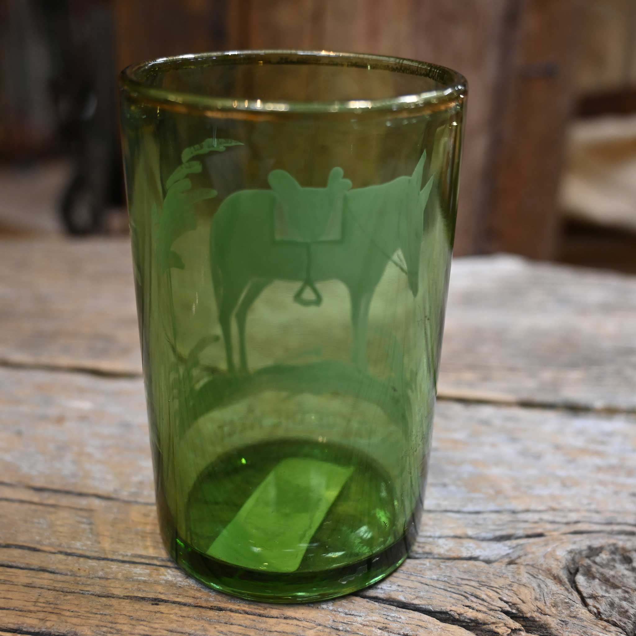 Vintage Mary Gregory Painted Green Glass Cup w/Gold Rim - Image 3