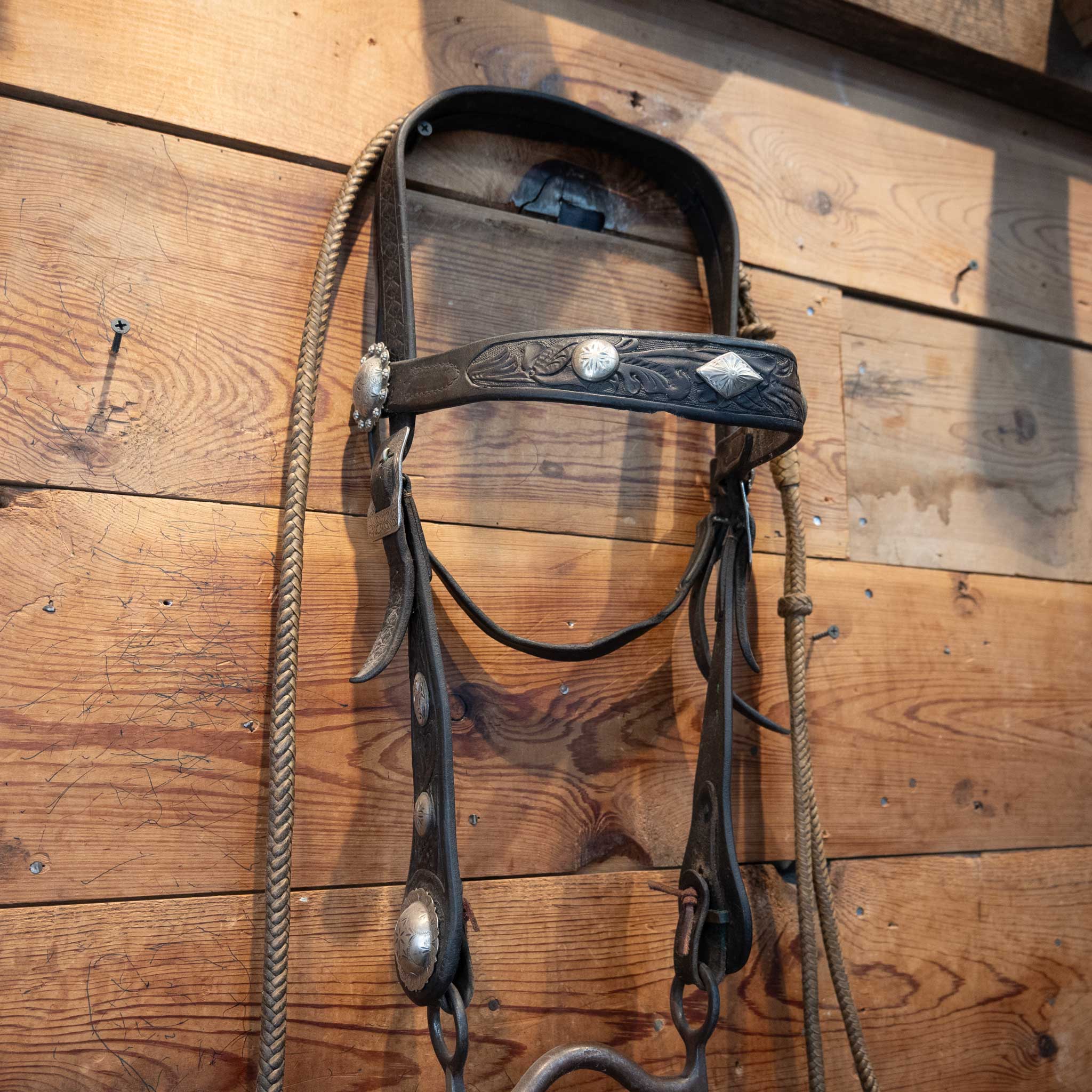 Vintage Tooled Bridle w/ Nickel plated accents & Romel Reins