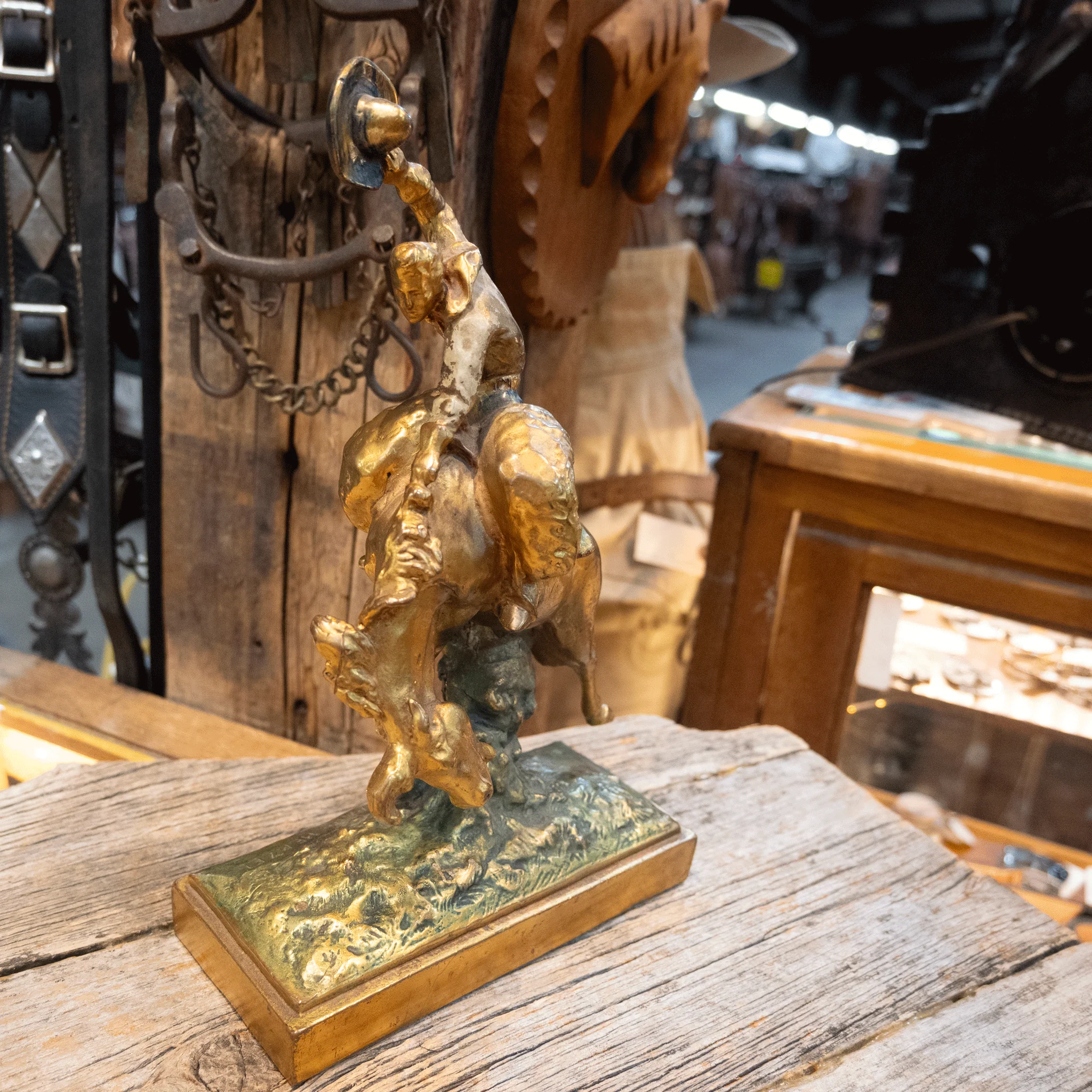Vintage Paul Herzel Brass Painted Bronc Riding Sculpture - Image 2