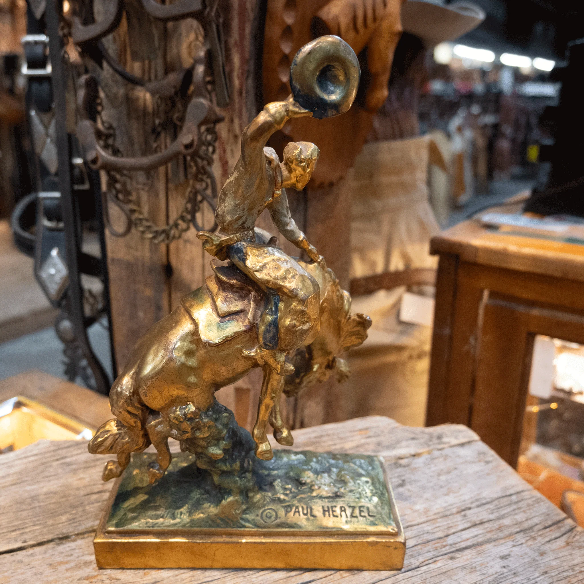 Vintage Paul Herzel Brass Painted Bronc Riding Sculpture - Image 3
