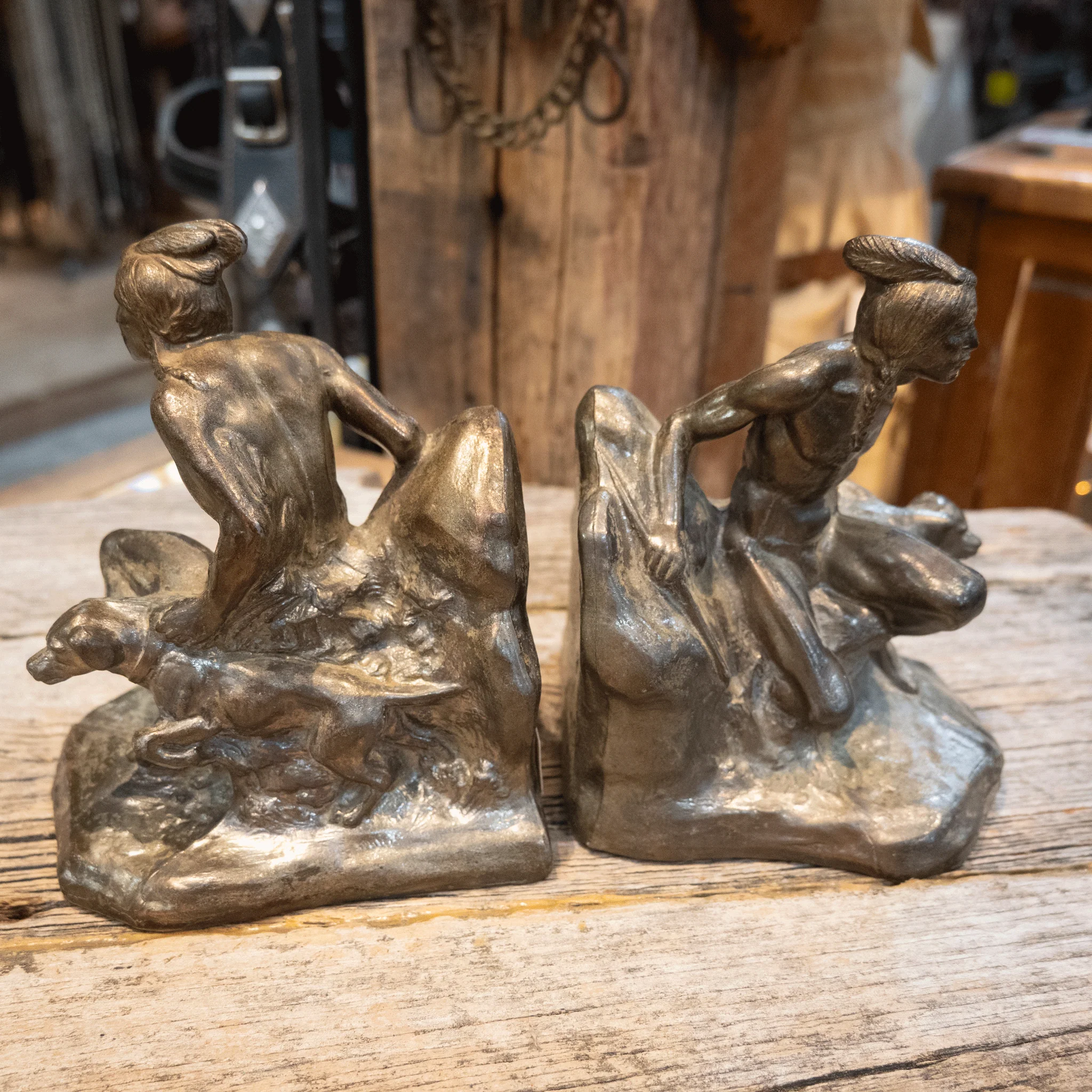 Vintage Pewter Indian Seeker w/dog Bookends