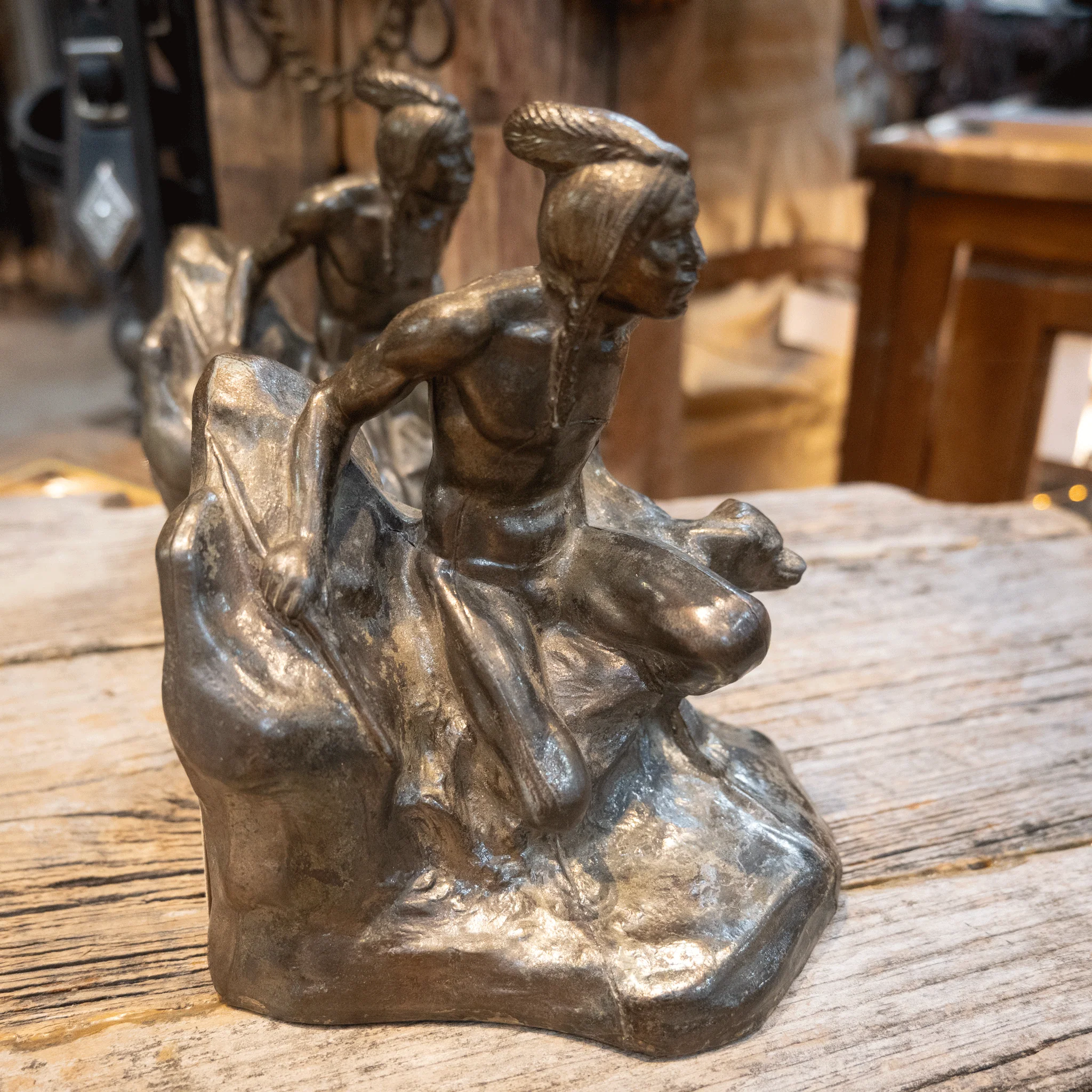 Vintage Pewter Indian Seeker w/dog Bookends - Image 3