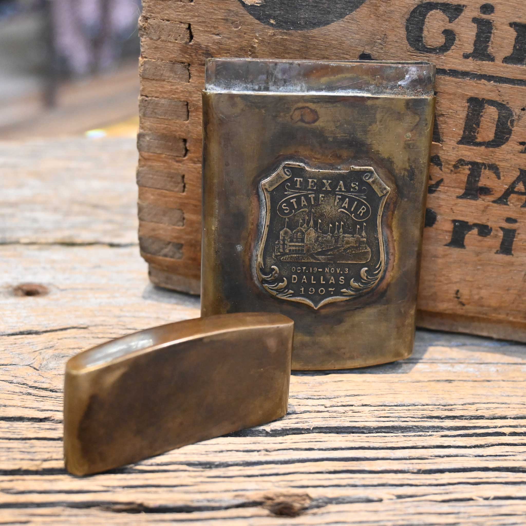 Vintage Brass 1907 "Texas State Fair" Match Box Holder - Image 2