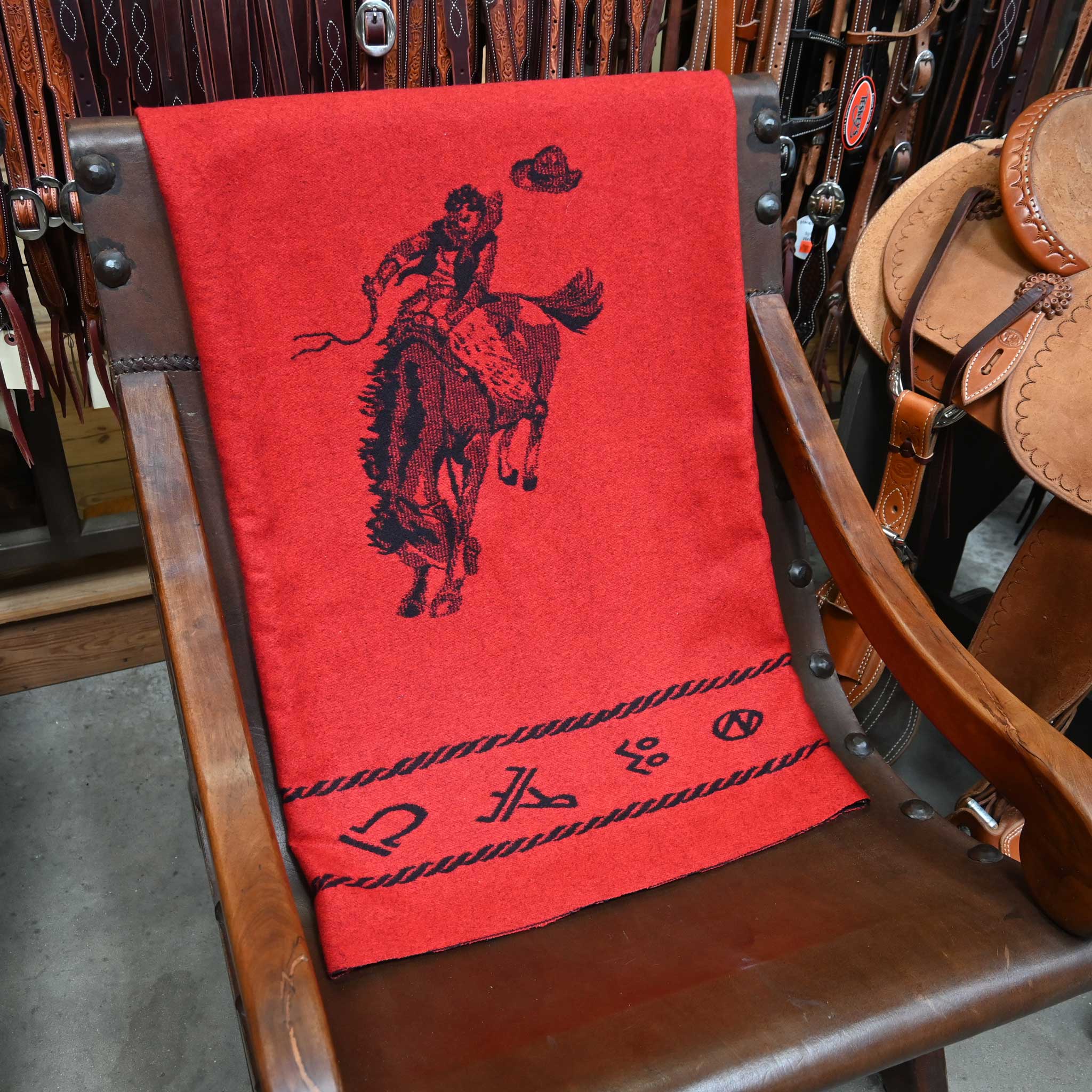 Vintage Wool Bucking Horse Red Blanket w/ Brands