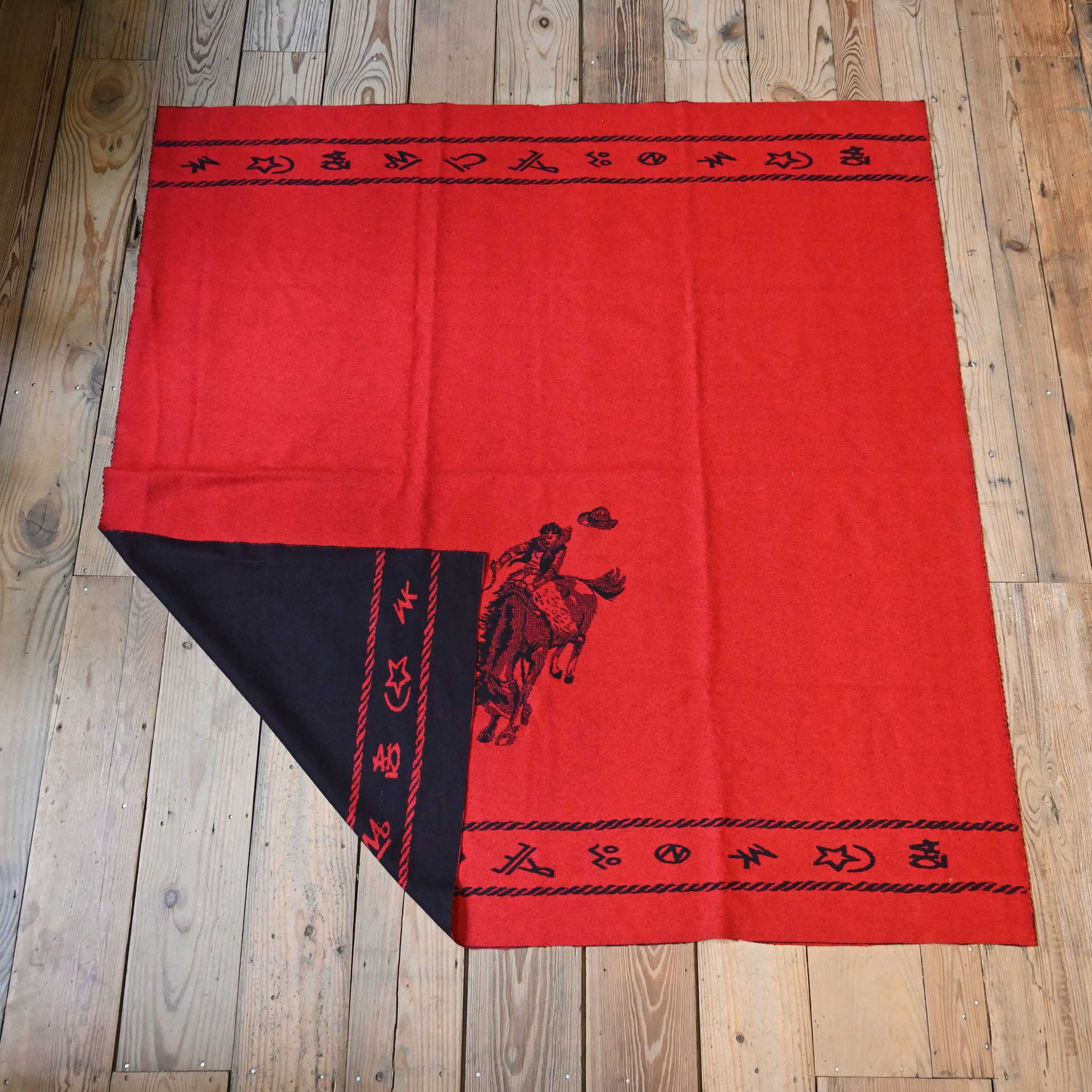 Vintage Wool Bucking Horse Red Blanket w/ Brands - Image 3