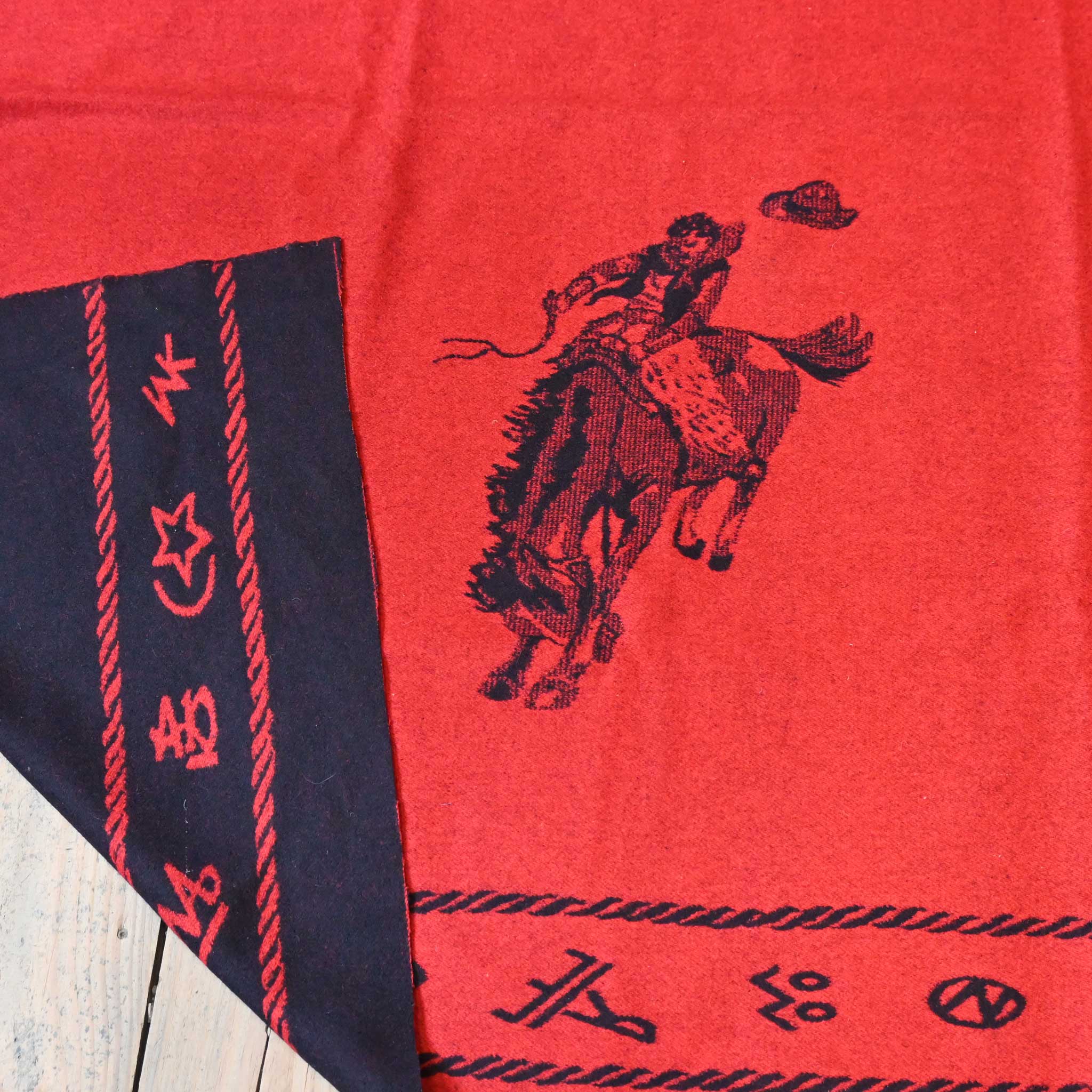 Vintage Wool Bucking Horse Red Blanket w/ Brands - Image 4