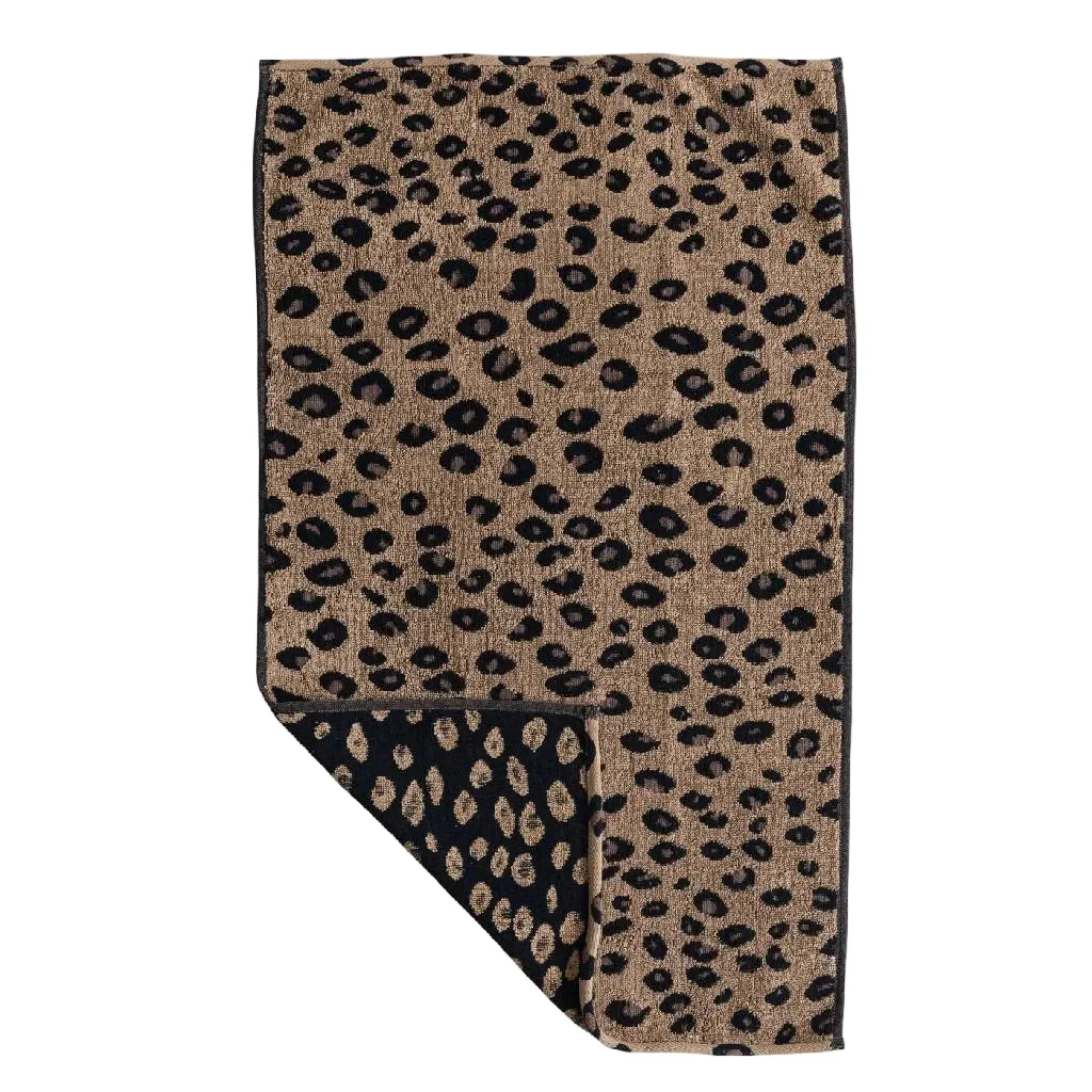 Woven Cotton Terry Leopard Print Hand Towel Black/Brown - Image 2