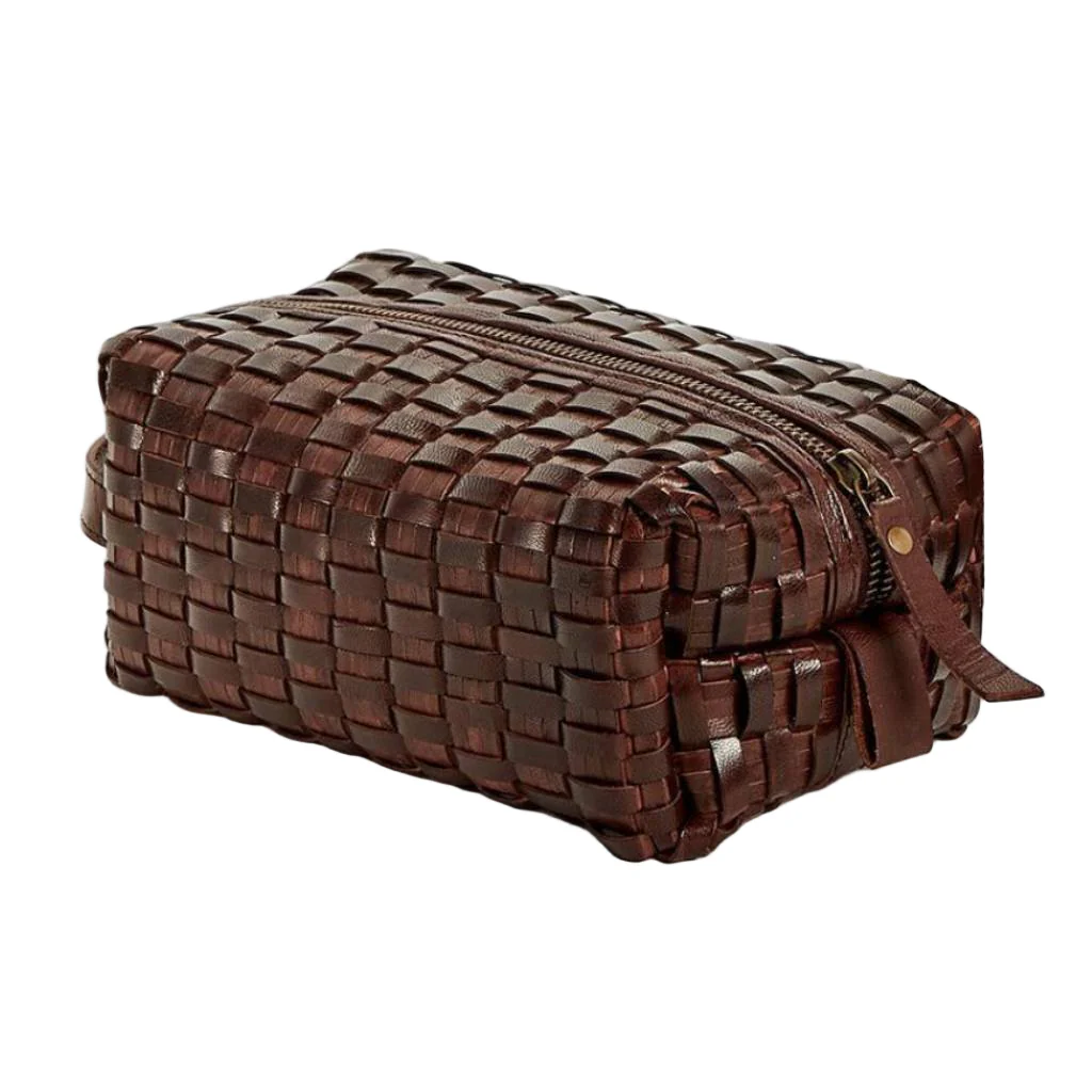 Woven Leather Dopp Kit - Chocolate