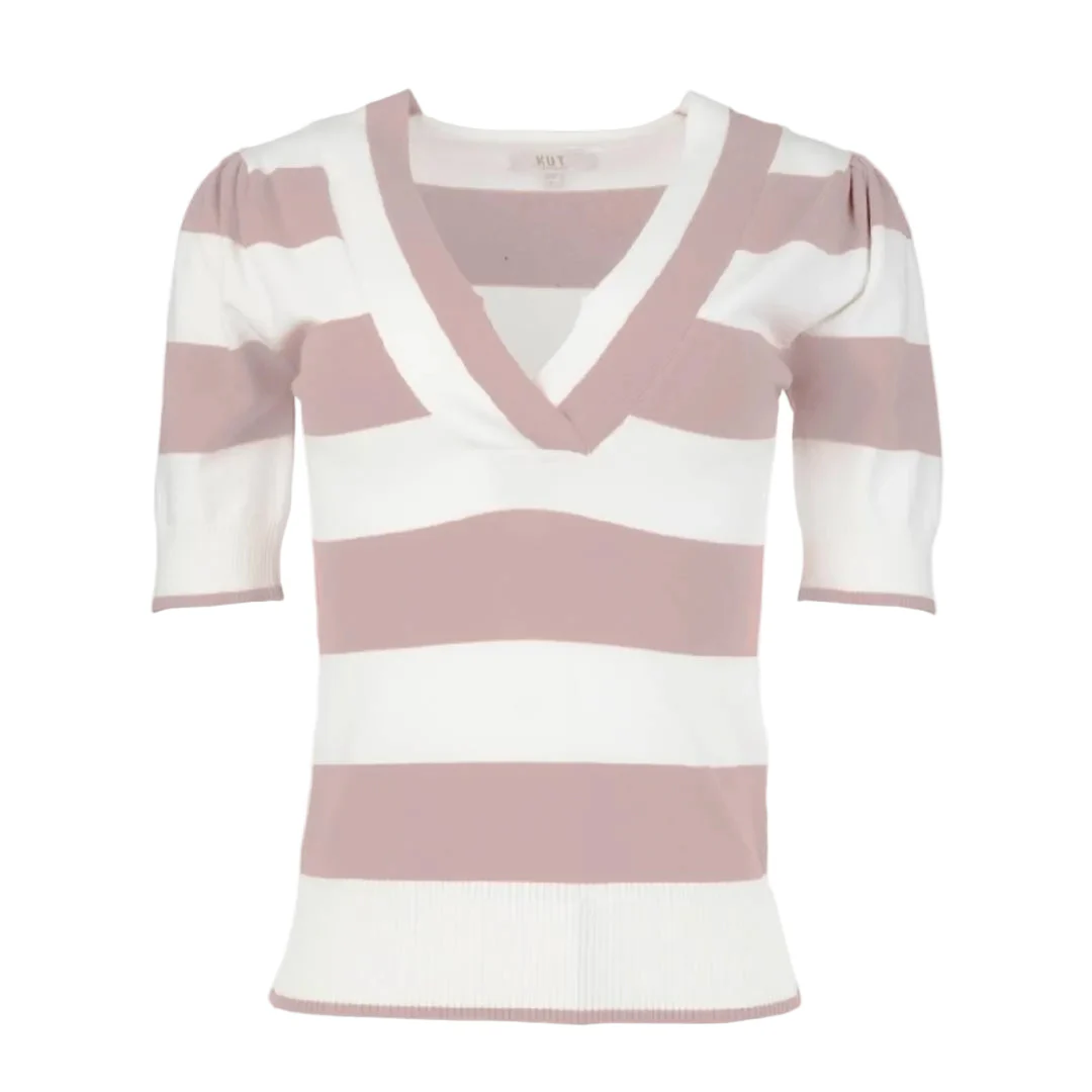 Kut Yona Striped V Neck Sweater - White/Blush